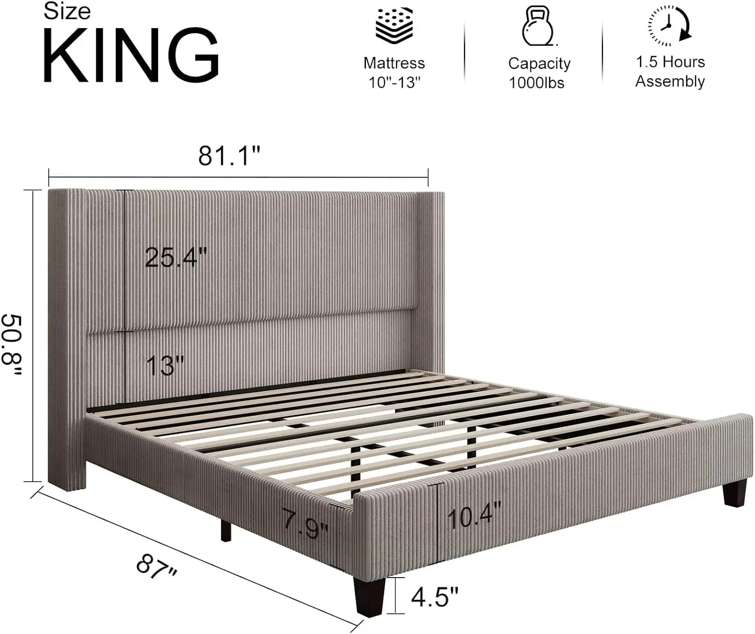 Howe King Size Upholstered Platform Bed Frame, Wingback Bed With 50.8