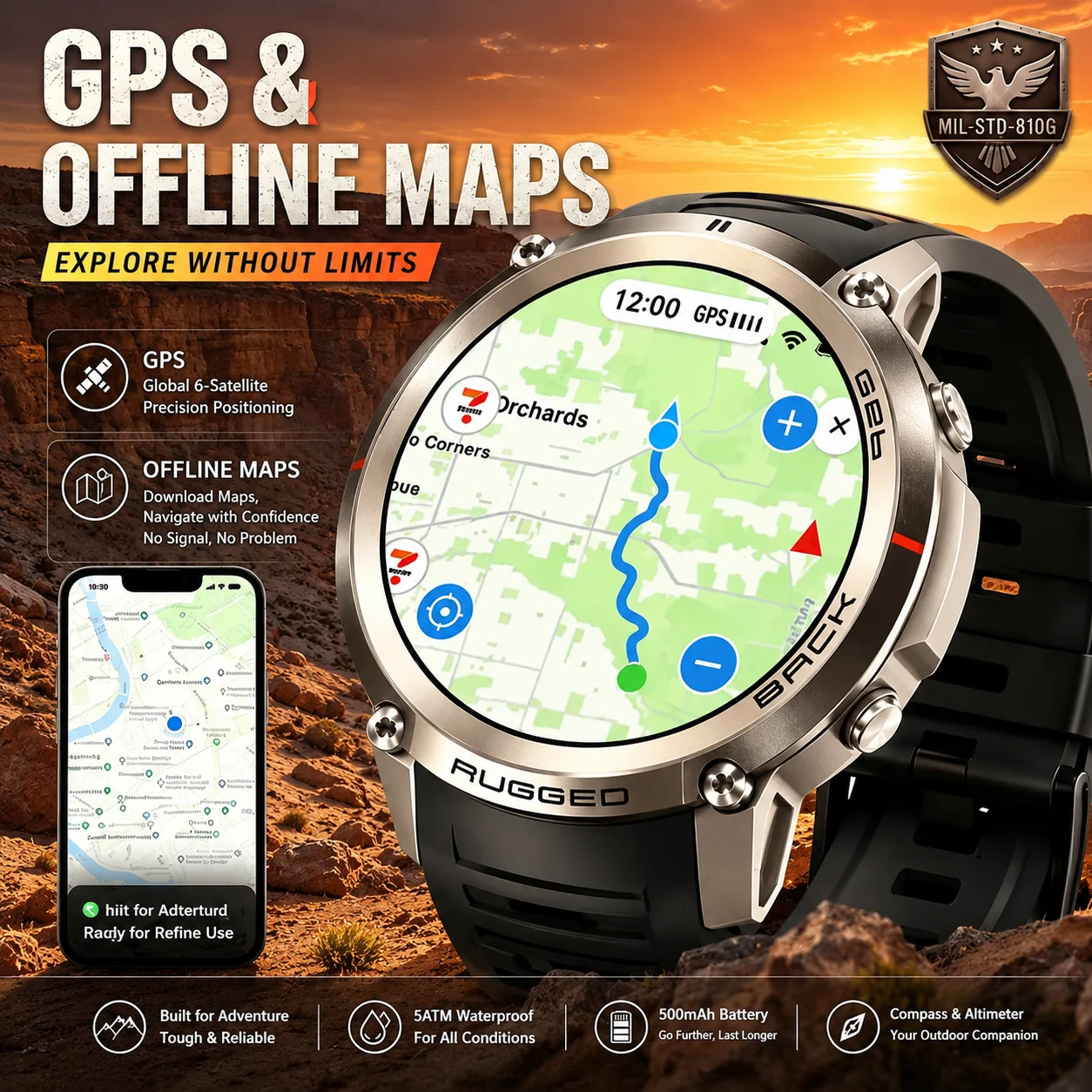 LIGE GPS Smart Watch Offline Maps Download Compass Tracking 5ATM Waterproof Tactics Outdoor Sport Smart Bracelet Men Smartwatch