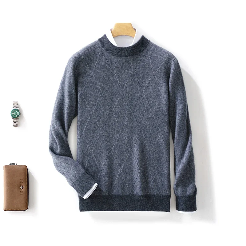

Pop Autumn Winter New Men's Round Neck Diamond Color Blocking Pullover 100% Pure Wool Knitted Cashmere Sweater Casual Thickened