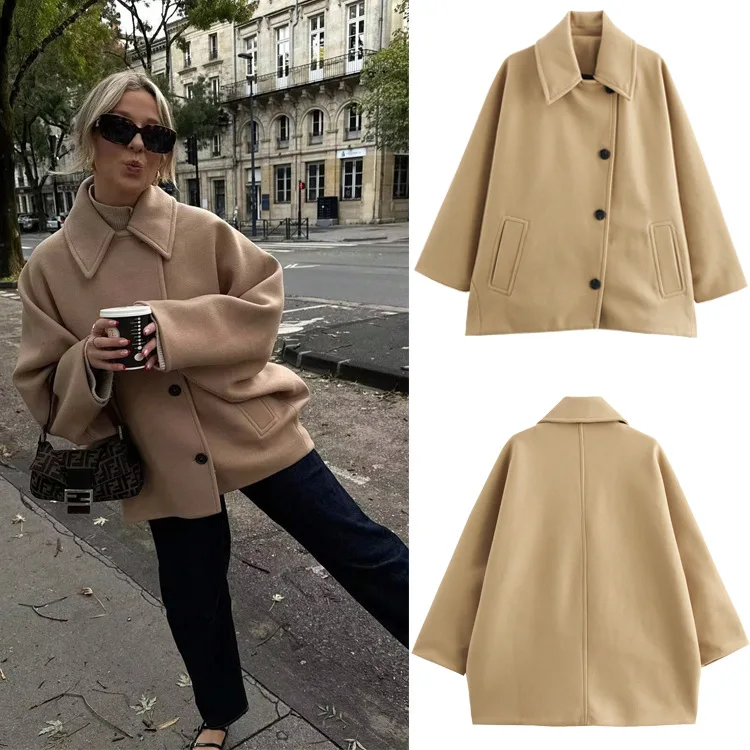 

BWQ Elegant Single Breasted Wool Jacket Women Burgundy Loose Lapel Long Sleeve Pocket Female Coat Autumn Solid Commute Outwear