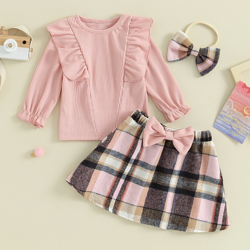 

Toddler Baby Girl Clothes Set Ruffle Long Sleeve Ribbed Knit Shirt Top A Line Flannel Plaid Skirt Headband Fall Winter Outfit