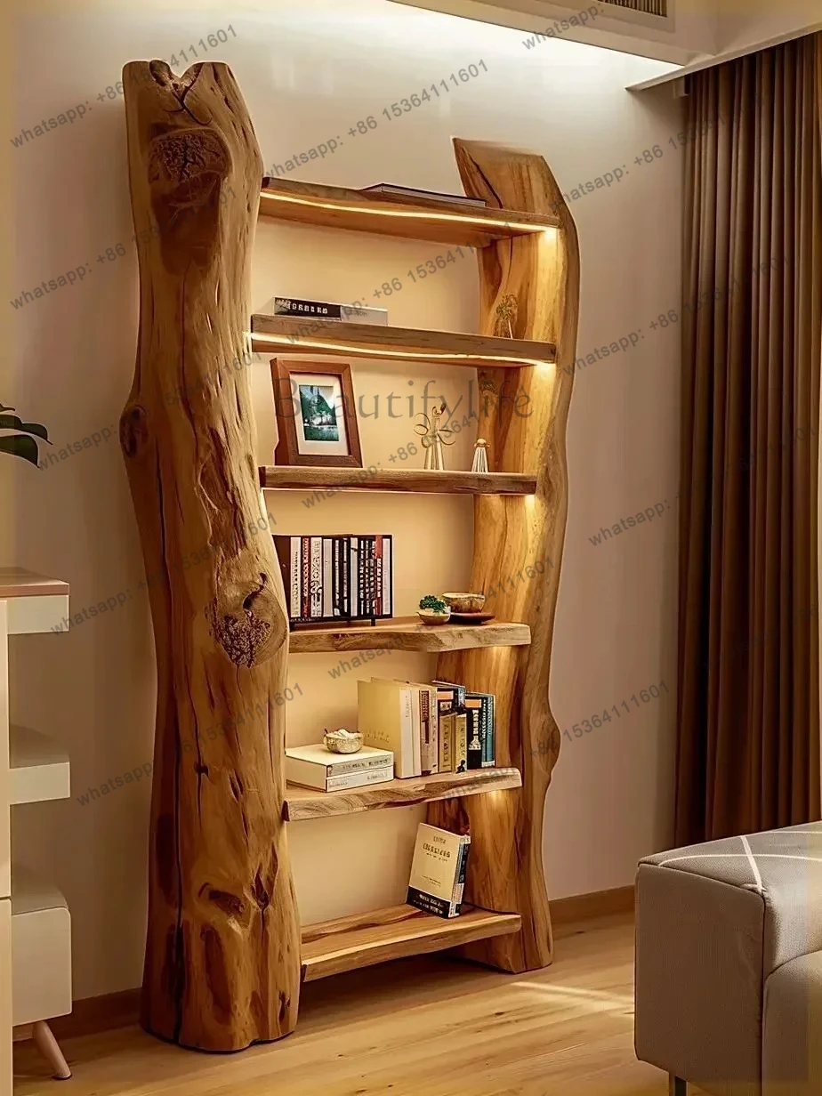 09 wood storage log retro bookshelf living room new Chinese multi-layer bookcase display natural dead wood tree
