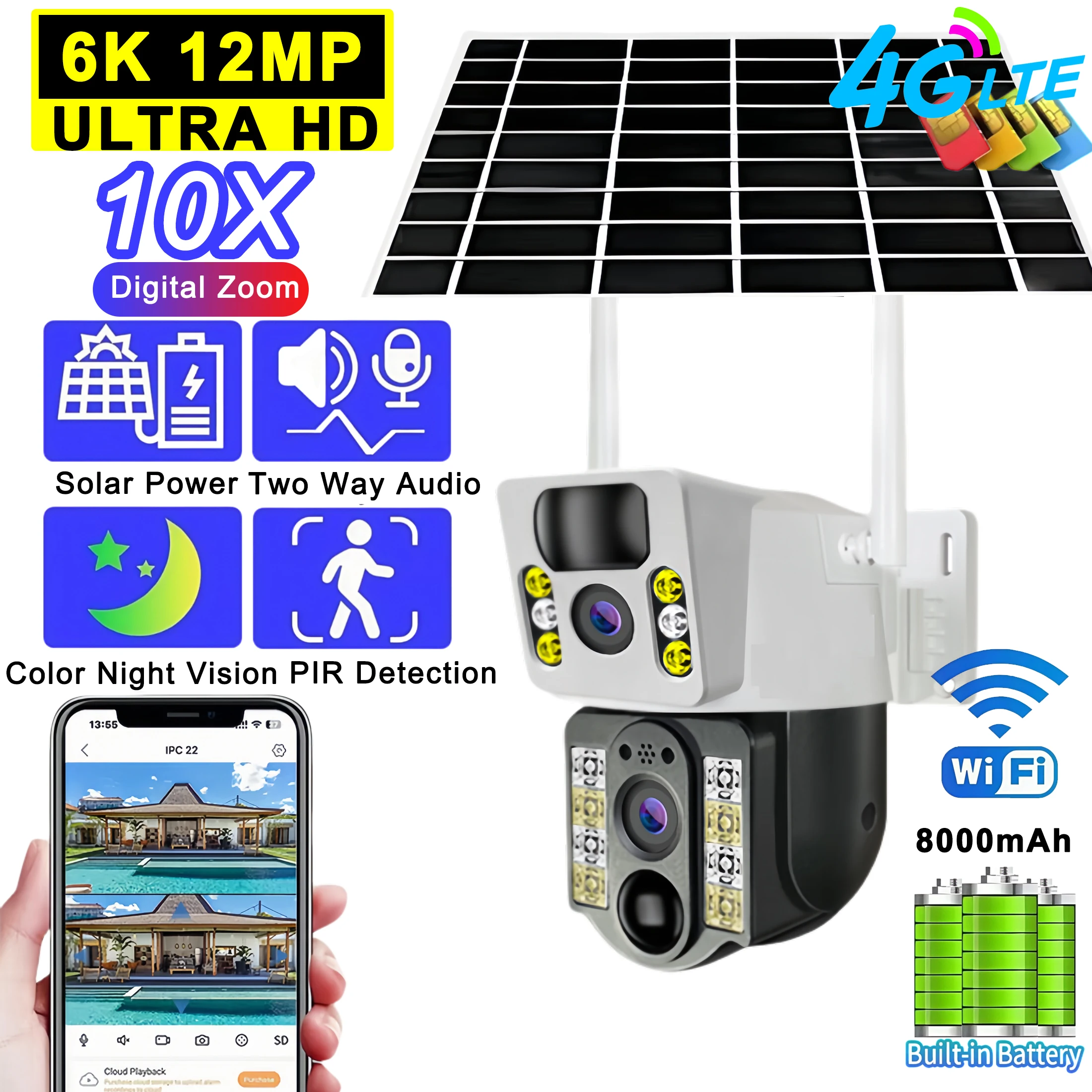 4K Güneş Kamerası 4G SIM Kart Çift Lens 8MP HD Gece Görüş IP CCTV Gözetim PTZ PIR İnsan Algılama Alarmı Su Geçirmez WIFI Kamera