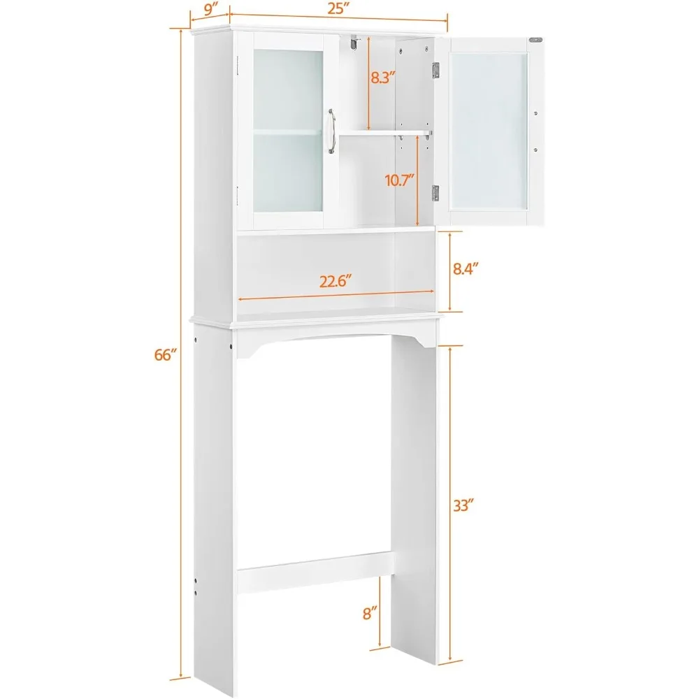 

Over The Toilet Storage Cabinet with Adjustable Shelf Double Tempered Glass Doors Free Standing Toilet Rack Open Storage