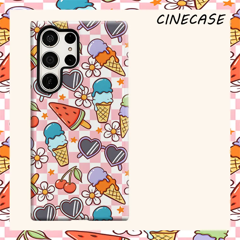 Summer Snack Check Print For Samsung Galaxy S26 S25 S24 A56 A36 Dual Layer Luxury Fashion Full Lens Protective Case