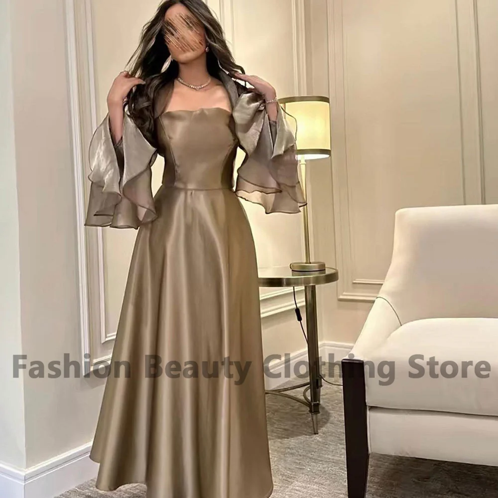 Evening Dress A-Line Satin Ruffle Flare Long Sleeve Draped Backless Dubai Back Zipper Ankle Length Saudi Arabia Women Party Gown