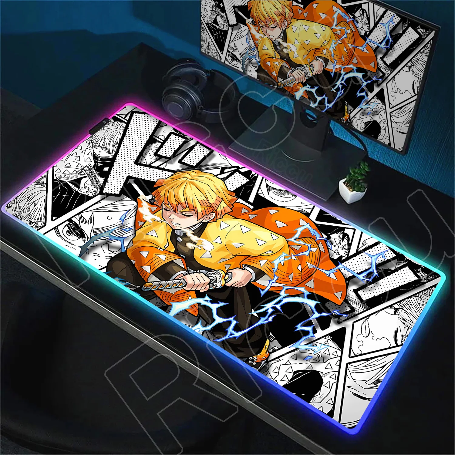 

RGB Mousepad Anime Demon Slayer Colorful LED Light Backlight Gaming Desk Mat XXL Computer Agatsuma Zenitsu Luminous Keyboard Pad