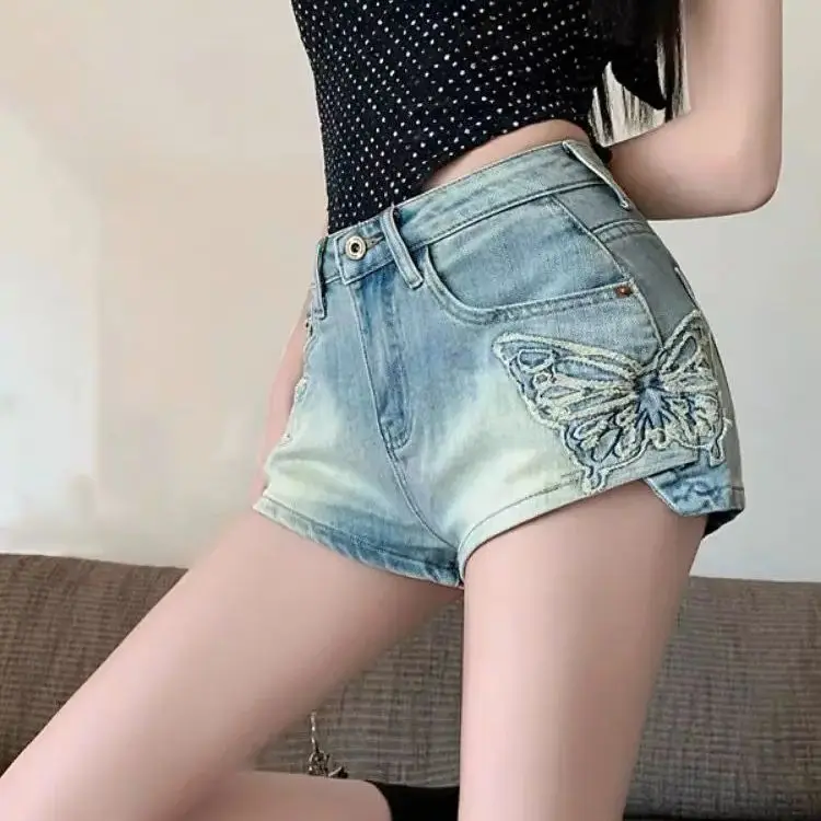 Koreańskie spodenki jeansowe Hot Butterfly Embroidered Washed Blue Vintage High Street Hot Pants Blue Low Waist Elastic Wrapped Hip Short