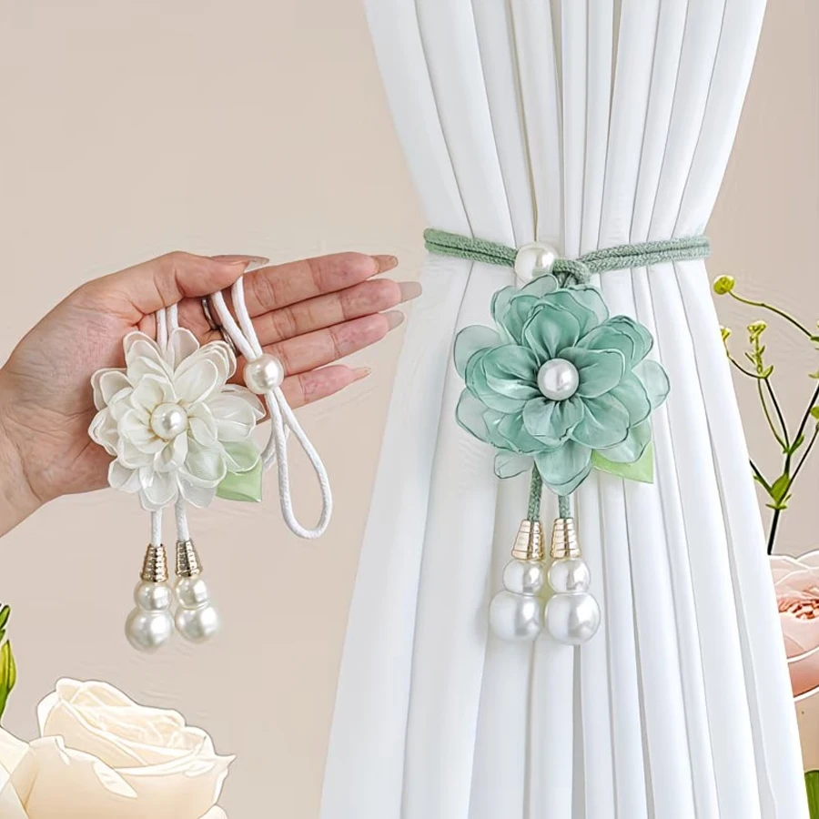 2Pcs Elegant Pearl Flower Curtain Tiebacks with Adjustable Design, Garden-Style Home Decor Curtain Accessories