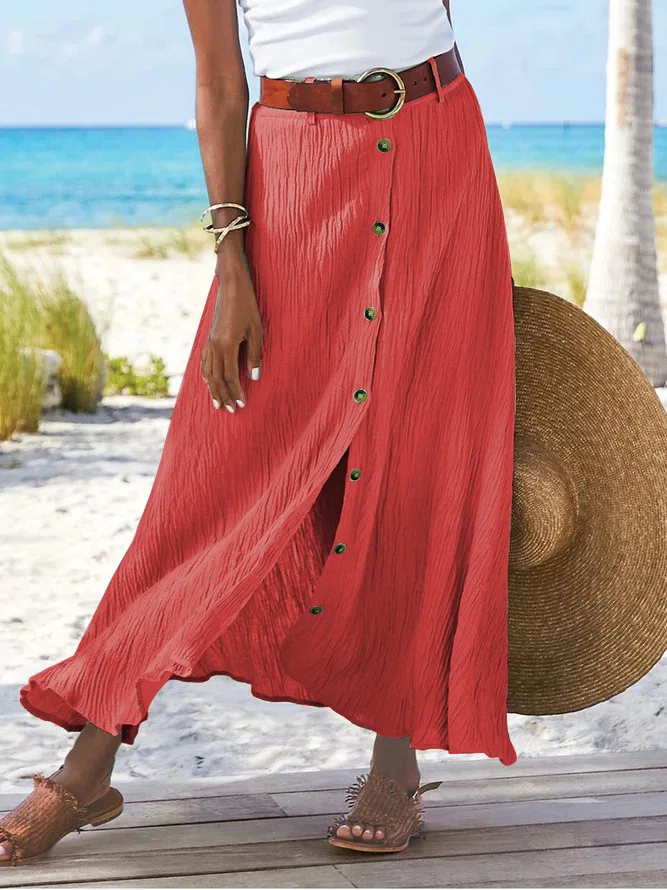 Summer Women's Skirt Cotton Linen Important Button Slit Flower Print Fashion Versatile Vacation Beach Midi Skirt