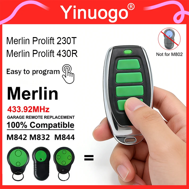 For Merlin Prolift 230T 430R Garage Door Opener Motor 433.92MHz Rolling Code Merlin M842 M832 M844 Garage Door Remote Control