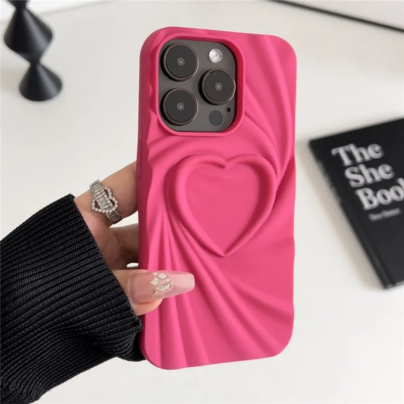 Lovebay Cute 3D Pleated Love Heart Phone Case For iPhone 16 15 14 13 11 12 Pro Max Matte Fold Pattern Soft Silicone Cover Shell