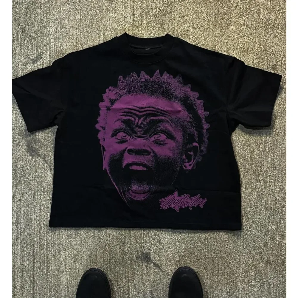 American Fashion Goth Big Head Cartoon Print Oversized T-Shirt Men's Y2K Street Hip-Hop Harajuku Loose Casual Couple Clothes