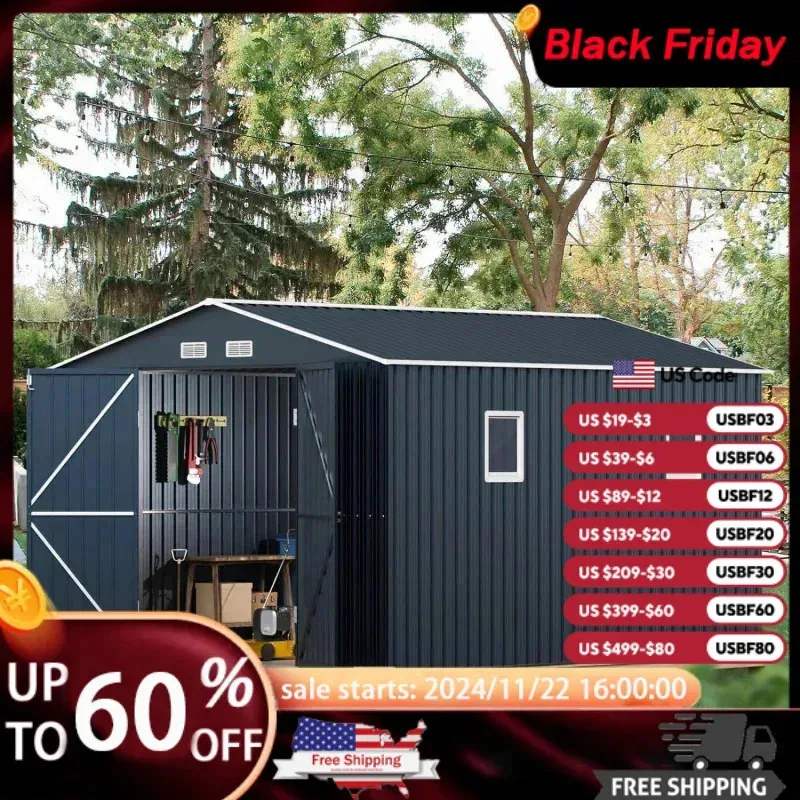 QAZ8-YJX10X12X7.5 FT Outdoor SteelStorage Shed with Lockable Doors.2 Windows.Transparent Roof Panels(Wood Panels & Frame Floor#R
