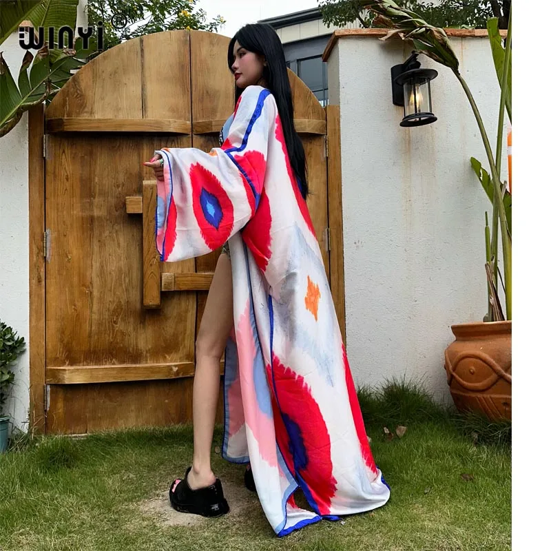 Summer 2024 WINYI kimono Africa maxi dress beach wear cover-up elegant Cardigan beach outfits for women Tie-dye print sexy coat