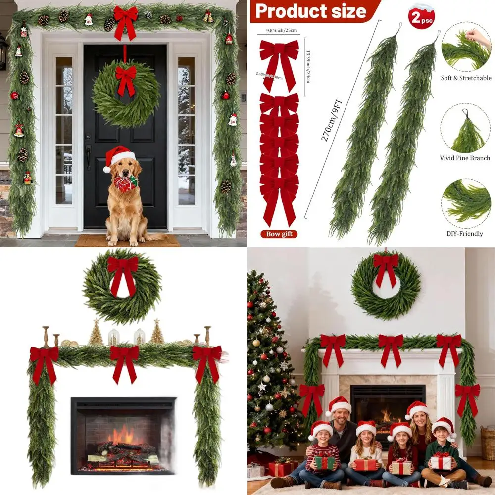 

Пара 9-футовых рождественских гирлянд Norfolk Pine с 6 красными бантами, искусственная зелень премиум-класса для домашнего декора, подходит для помещения