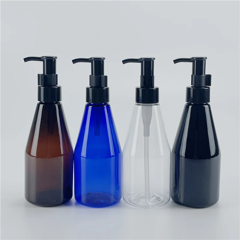 Clear Black Brown Blue 200ML X 25 Plastic Conical Bottles With Essential oil Pump Massage Oil Cleaning Oil Cosmetics Containers