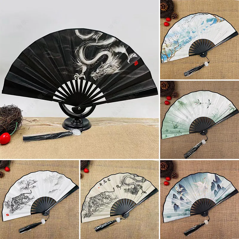 1Pcs 27cm Folding Silk Vintage Chinese Japanese Hand Held Fan Bamboo Silk Dance Fans With Tassel Art Craft Gift Home Decor