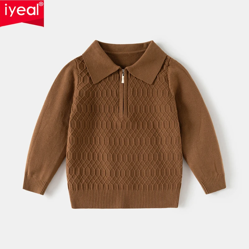 IYEAL Kids Polo Collar Half Zip Sweater Diamond Textured Knit Pullover Boys Solid Brown Long Sleeve Children Warm Jumper Top