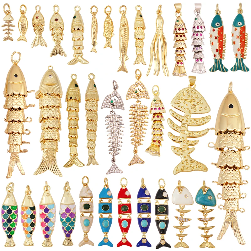 Colgante esmaltado de hueso de pescado, calamar, mar marino, Dalfin, colgante, oro Real de 18 quilates, chapado en plata, joyería de circón, suministros para encontrar S87 S75