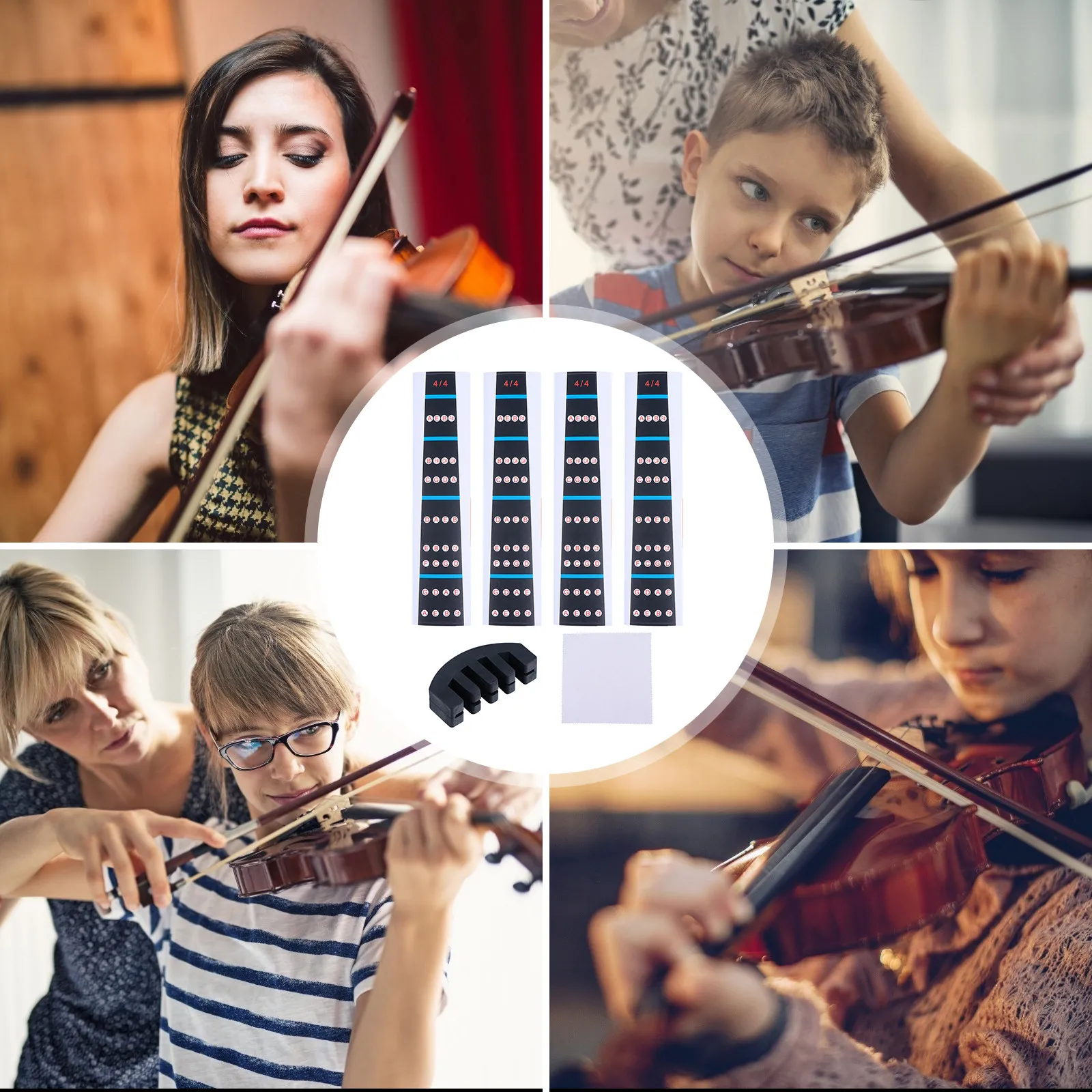 1 Juego de guías de dedos para violín, pegatinas para diapasón, tabla de etiquetas de tamaño completo 4/4, paño de práctica, juego completo de accesorios para violín