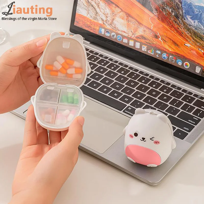 Bonito oso pequeño de dibujos animados, compartimento portátil de doble capa para salir, empaquetado por separado, almacenamiento de medicina, pastillero de plástico, moda