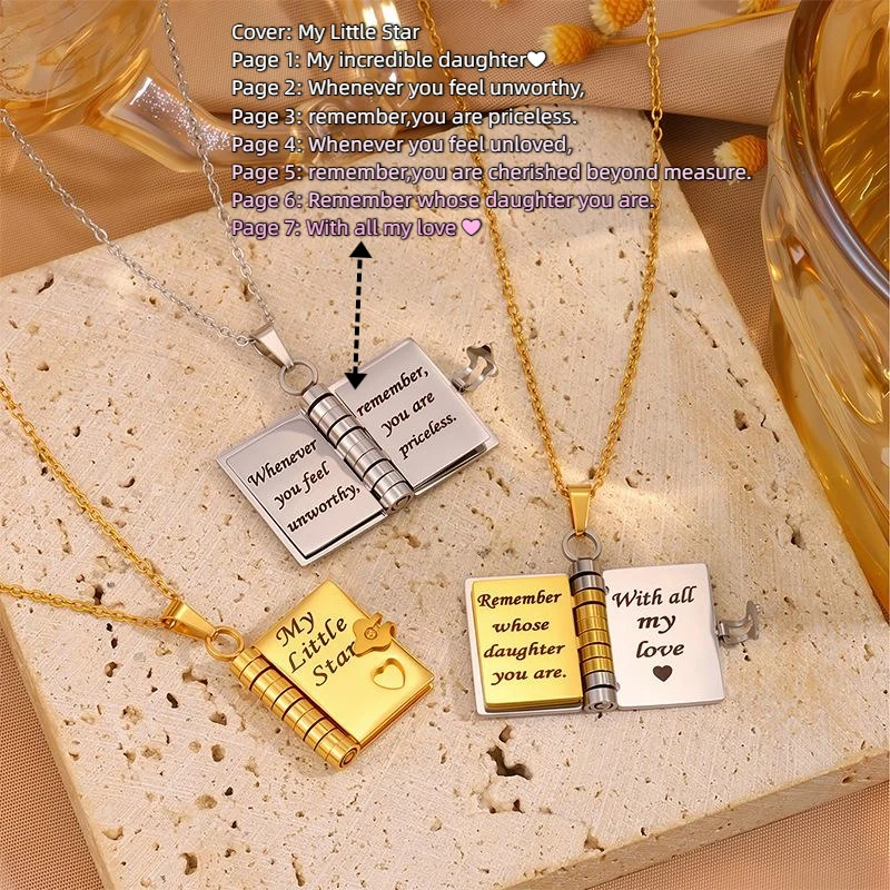 Stainless Steel My Little Star Engraved Book Pendant Necklace Openable Design with 7 Pages Gift for Daughter Women's Sweater Cha