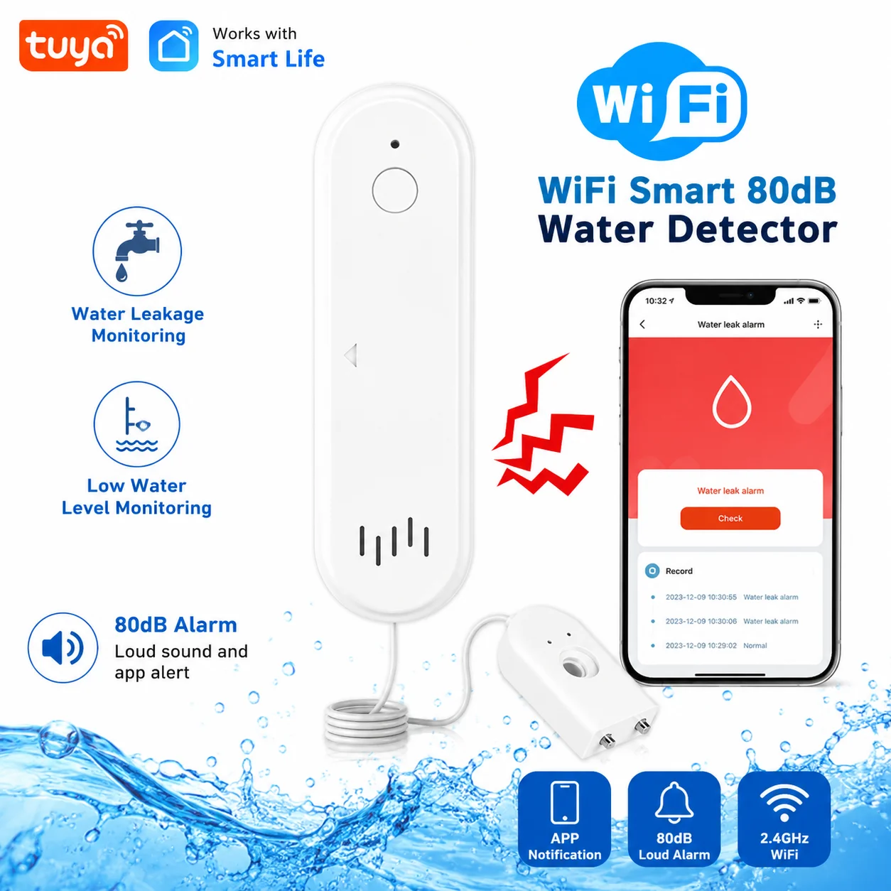 Tuya WiFi Water Leak Detector Smart Flood Sensor 80dB Alarm APP Remote Alert Water Leakage & Low Water Level Monitoring Alexa