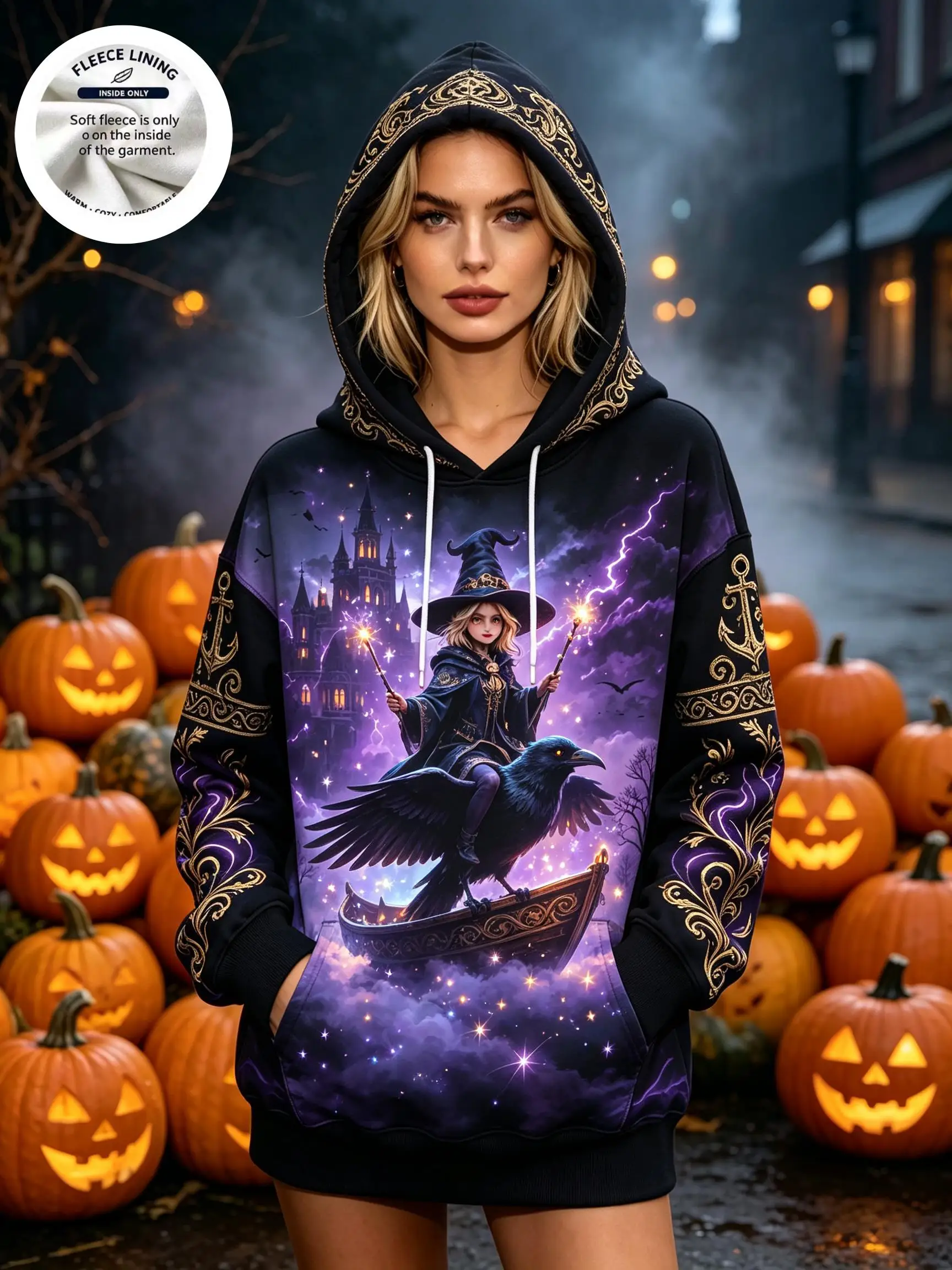 Women Fleece Lined Hoodie Halloween Magic Witch Raven Castle Print Pullover Sweatshirt