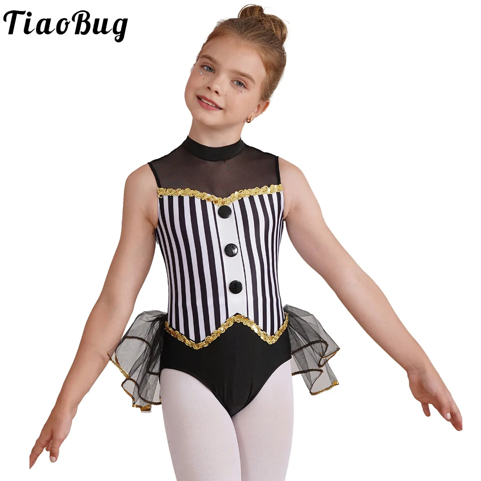 

Kids Girls Latin Jazz Dance Costume Striped Fancy Tulle Skirted Leotard Ballet Gymnastics Tutu Dress Bodysuit Dancewear