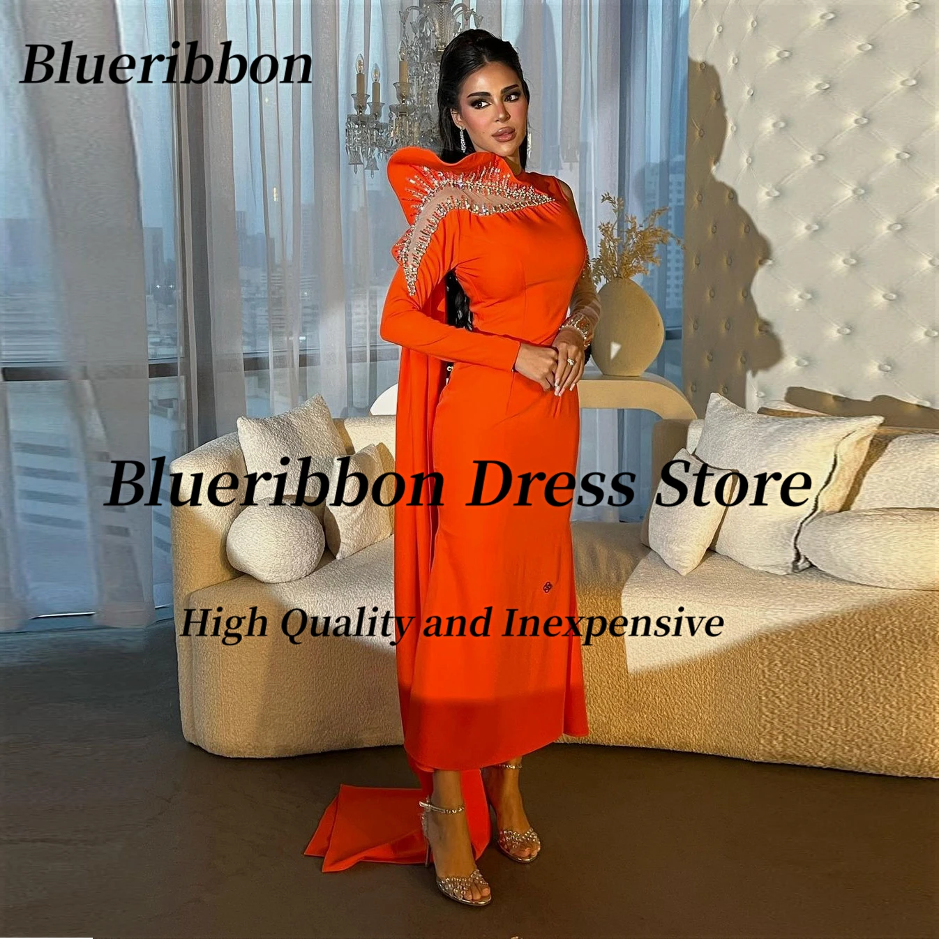 Blueribbon 2024 Newest Prom Dresses Long Sleeves Beaded Vestidos Des Birthday Party Saudi Arabia Women Wear Evening Dress