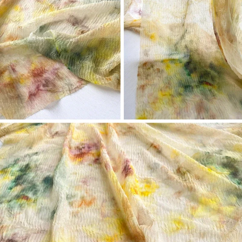 

Желто-зеленый вязаный топ из жатой сетчатой ткани с эффектом тай-дай, легкая летняя ткань для креативной дизайнерской одежды