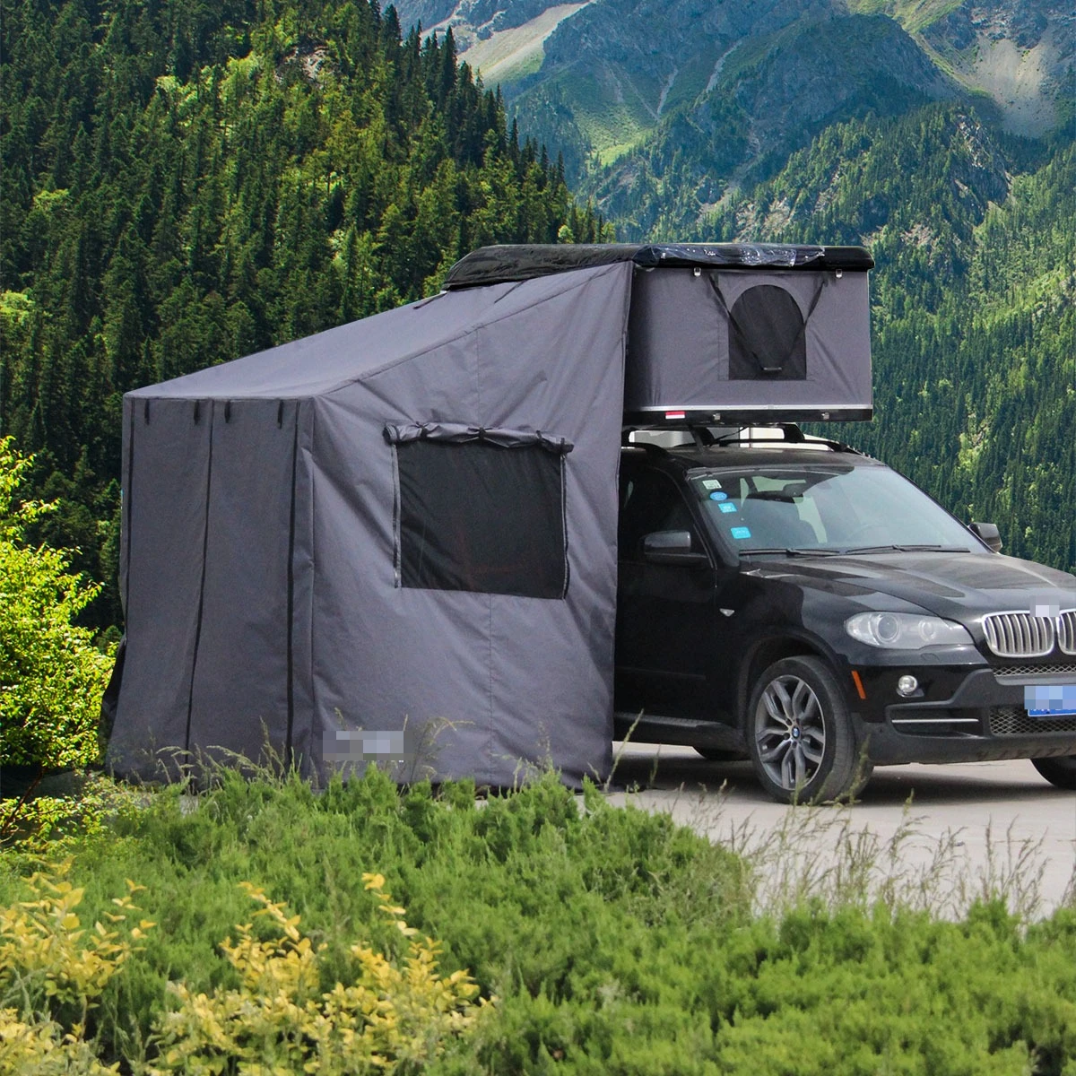 

Палатка на крышу автомобиля с раздевалкой, ванной, зоной отдыха и одной спальней, с гостиной