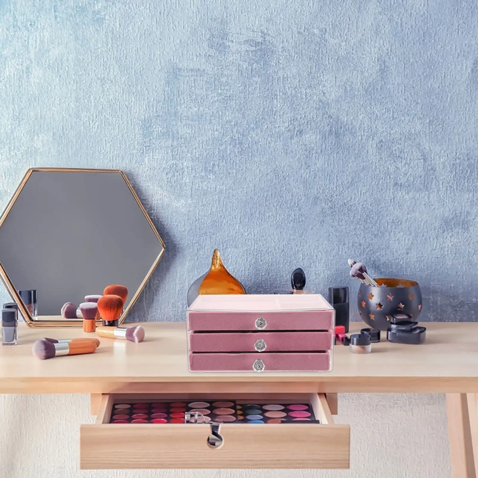 

3-Layer Jewelry Organizer Box Drawer Style Earring Ring Necklace Storage Case for Women Travel Desk Vanity Pink 9.16x5.97x4.01