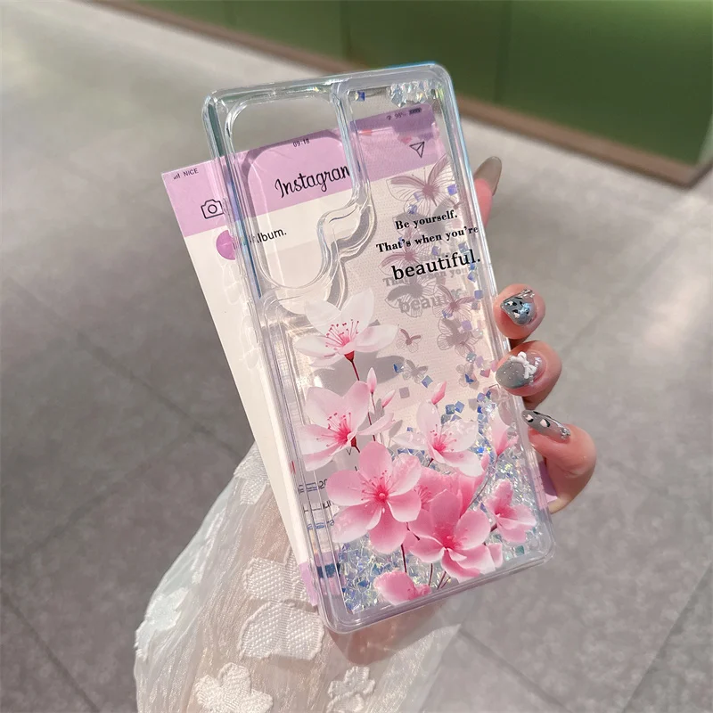 Glitter strass areia movediça caso para samsung s23 s24 s25 ultra flores silicone claro movendo areia capa dinâmica escudo líquido
