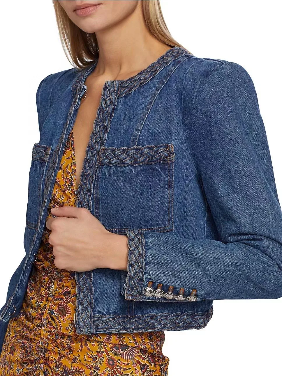 US Original VB Boutique Cotton Blend Braided Trim Demin Crop Jacekt US 6 8 10 12