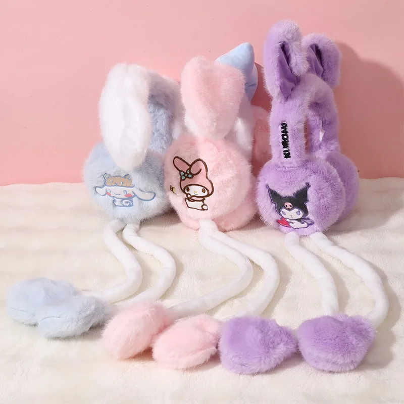 

Японские наушники Sanrio Kawaii Kuromi с героями мультфильмов Melody Cinnamoroll, зимние плюшевые наушники с защитой от холода, детский подарок