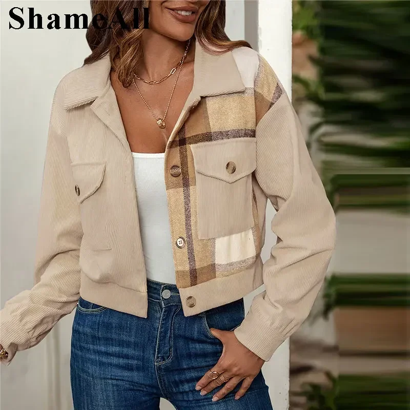 Autumn Plaid Patchwork Cropped Corduroy Coats Women Fashion Long Sleeve Big Pockets Short Bomer Jackets Boyfriend Biker Outwear