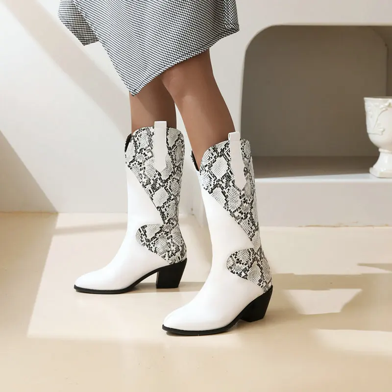 Thick-heeled high-heeled snake print stitching pointed boots female mid-tube V-mouth western cowboy rider boots