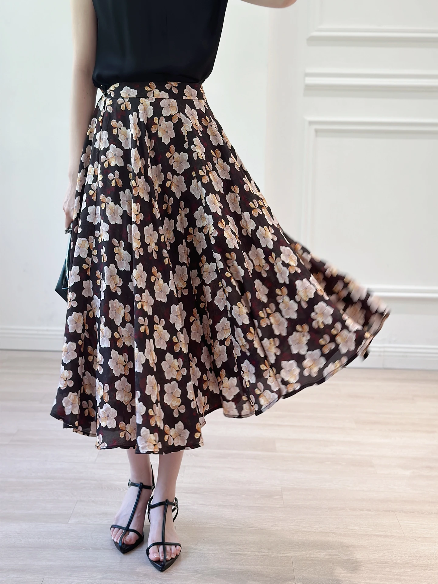 

Silk High Waist Floral Print A-Line Skirt Versatile Summer New Sle Ci Commute Busin Casual Date Beach Silk Skirt