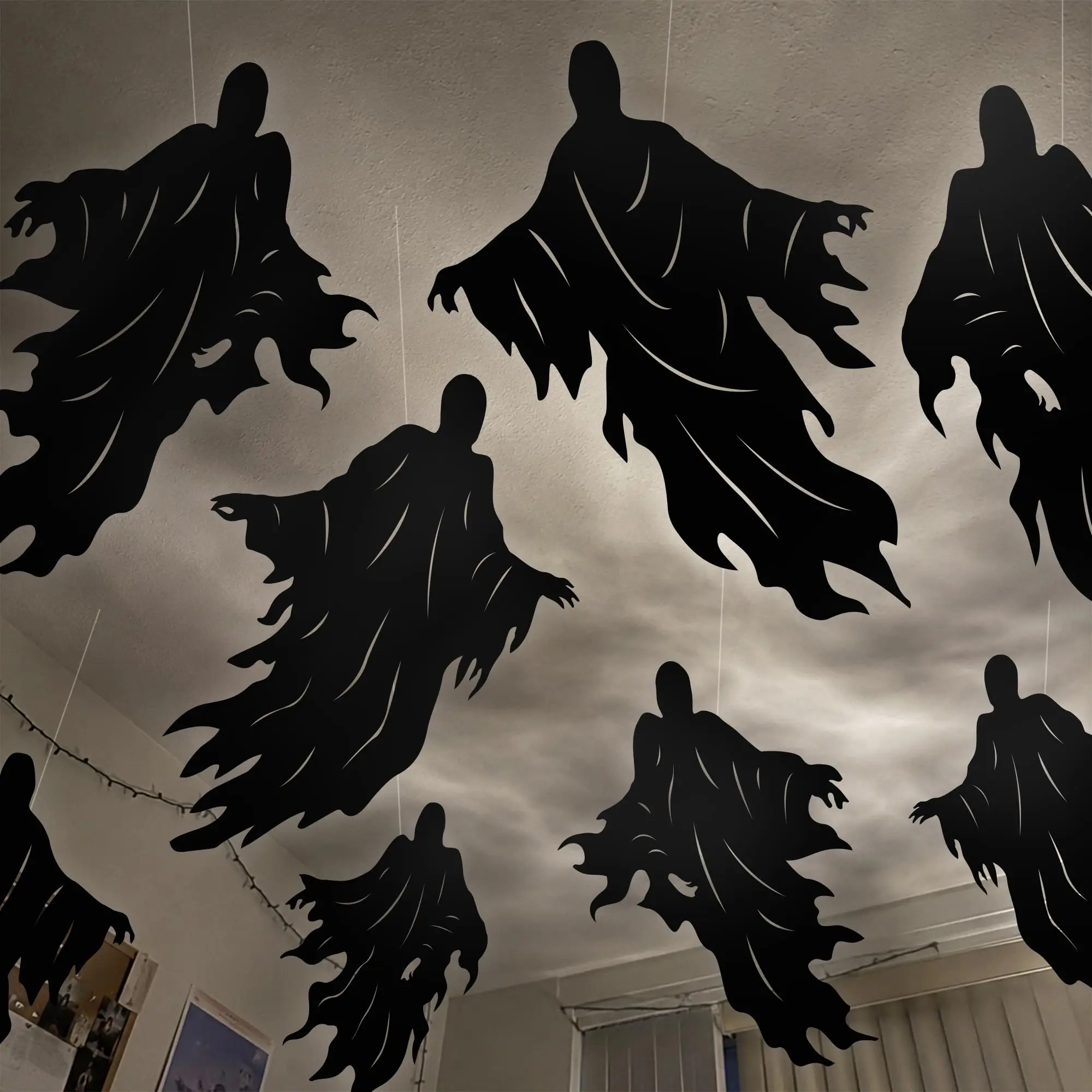 Halloween Schwarze Schwebende Geister-Papieraufkleber Hängende Silhouetten-Deko Gruselige Decken- und Fensterdekoration für Spukhaus-Party – Detail 2