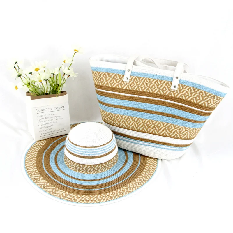

Boho Beach Set for Women Floppy Wide Brim Straw Hat Striped Woven Tote Bag 2-Piece Foldable Summer Vacation Sun Protection Hat