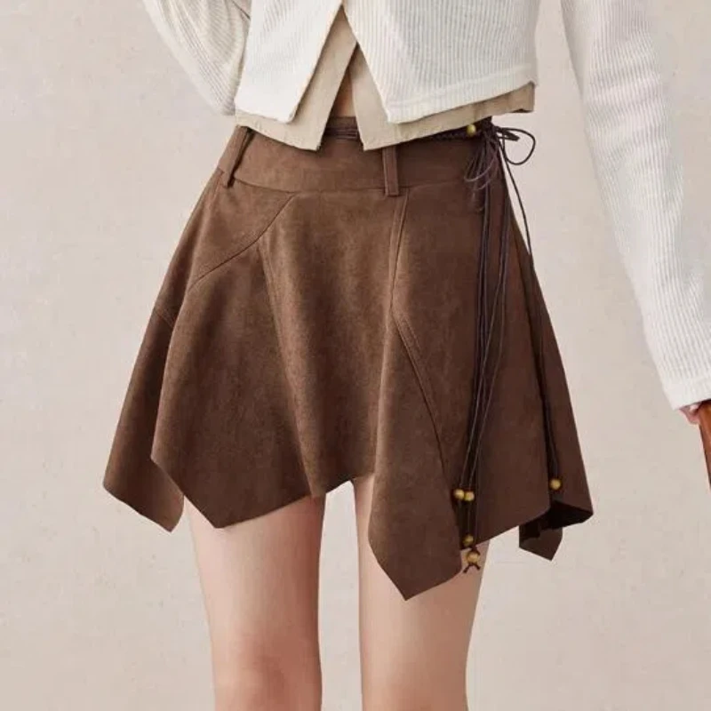 

High Street Asymmetrical A-line Skirt Spring Autumn New Solid Color Irregular Vintage Short Skirt Fashion Casual Women Clothing