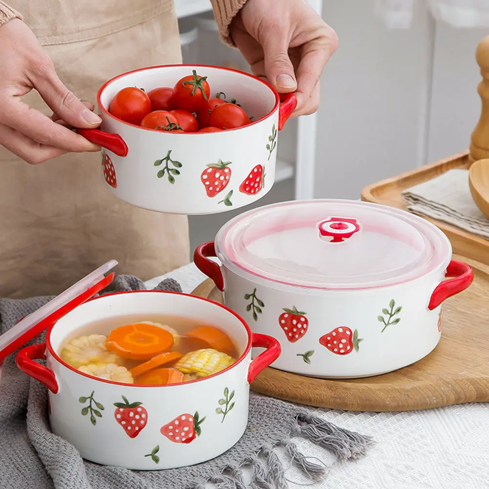 

Керамическая чаша для сохранения свежести с двойными ручками и крышкой, пригодная для микроволновой печи, для хранения продуктов, салатов, фруктов, бенто, супов