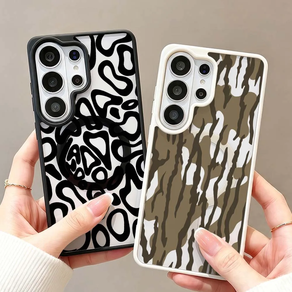 Cartoon Brown White Camouflage Phone Case For Samsung Galaxy S26 S25 S24 FE Plus Ultra Wireless Charge Magnetic Magsafe Cover