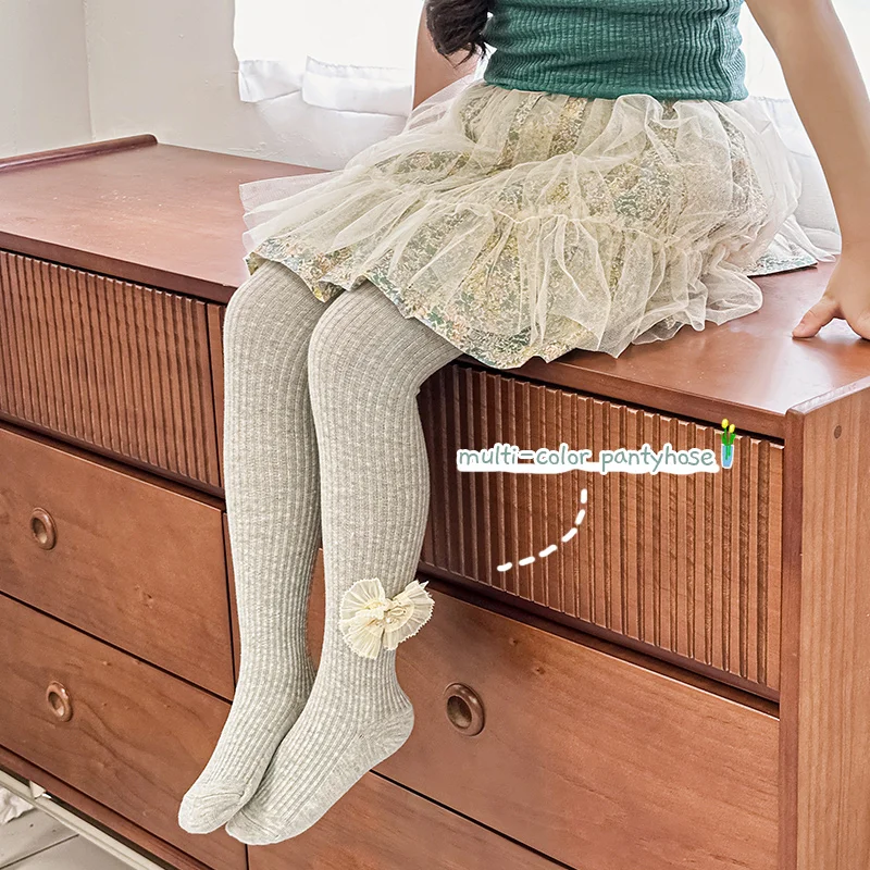 Sweet Girls Vertical Striped Footed Tights with Double Ribbon Lace Bows Cute Elegant Design Soft Stretchy Comfortable Pantyhose