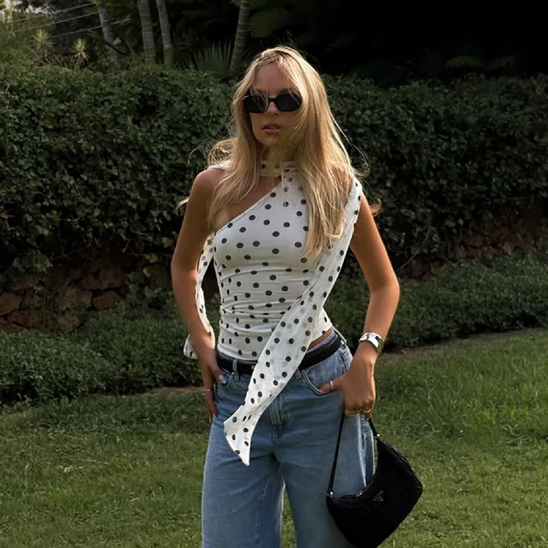 التشفير موضة البولكا نقطة طباعة كتف واحد المحاصيل الأعلى Y2K الشريط اقتصاص القمم الدبابات ضئيلة سترة عطلة بروتيل Coquette #5