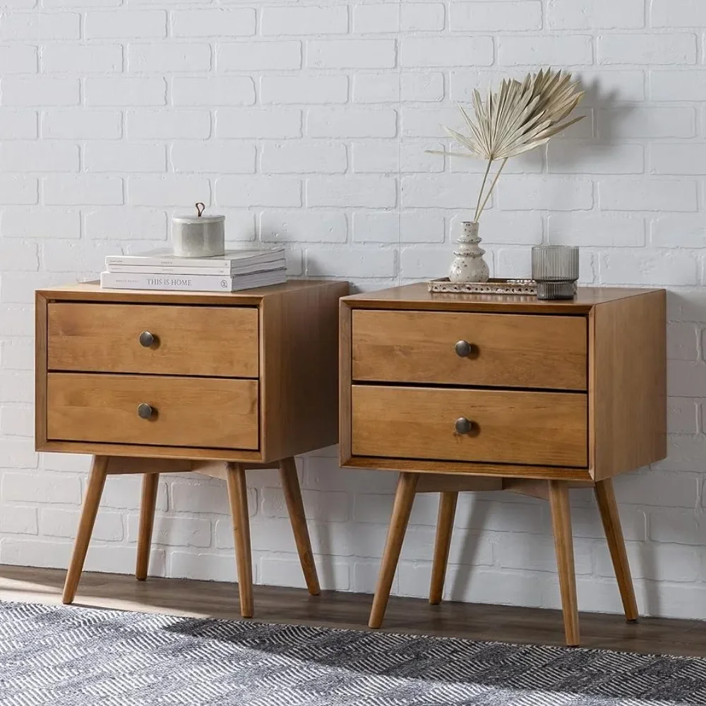 2 Pack Home Furniture Ella Mid-Century Modern 2-Piece 2-Drawer Solid Wood Nightstand Set Bedside Table Caramel Freight Free