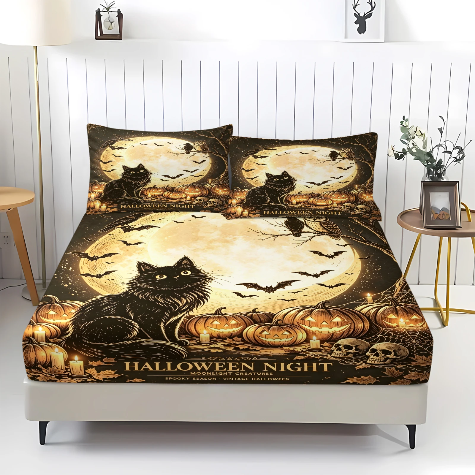 Retro Halloween Night Fitted Sheet Set Elastic Mattress Protector Black Cat Pumpkin Full Moon Skull Owl Print Bedding Pillowcase
