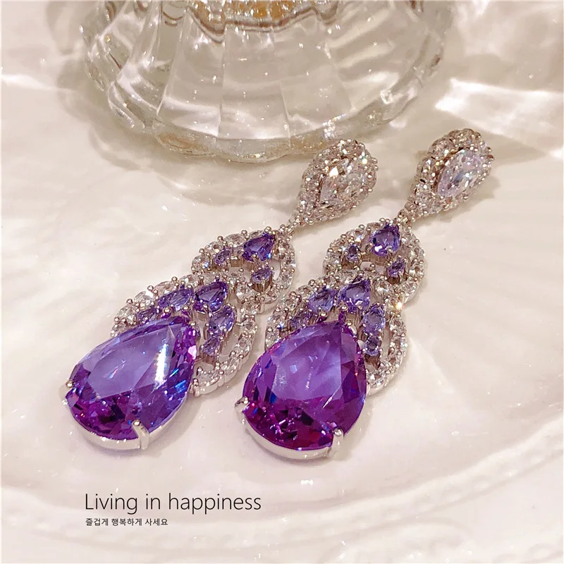 Purple Earrings for Women Luxury Wedding Jewelry Water Drop Earrings Cubic Zirconia Shiny Trendy Jewery Gift Wife Friend